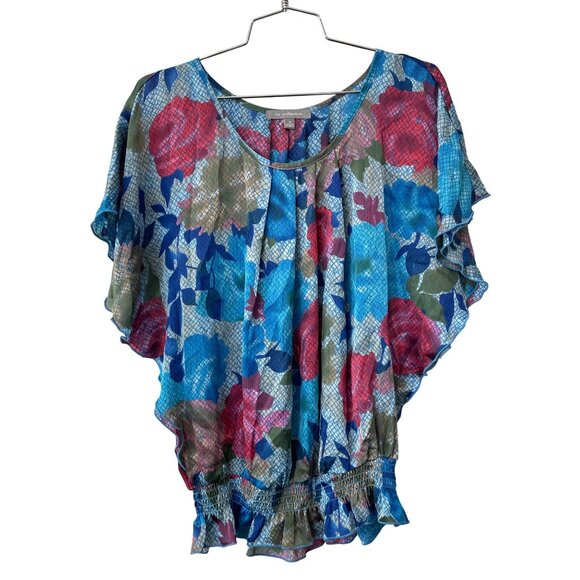 Ny Collection Blouse Size Medium Floral Batwing Smocked Waist Blue Pink Bohemian - Picture 1 of 6